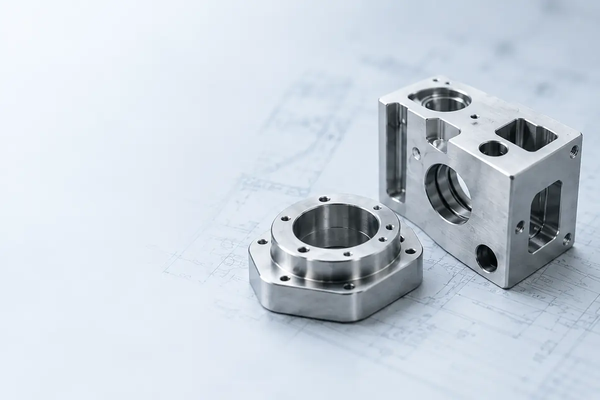 Illustrative silver machined housing and flange on a pale technical drawing background.